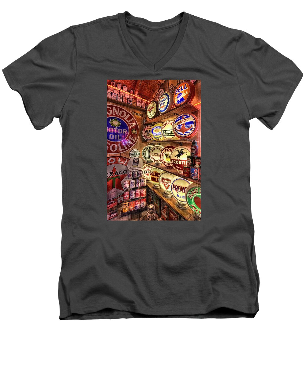 Gas Pump Globes Men's V-Neck T-Shirt featuring the photograph Globes of the Past by Daniel George