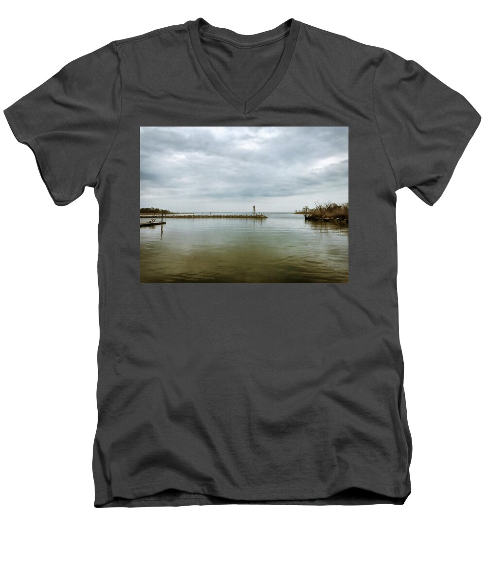 Gloomy Men's V-Neck T-Shirt featuring the photograph Gloom on the Bay by Chris Montcalmo