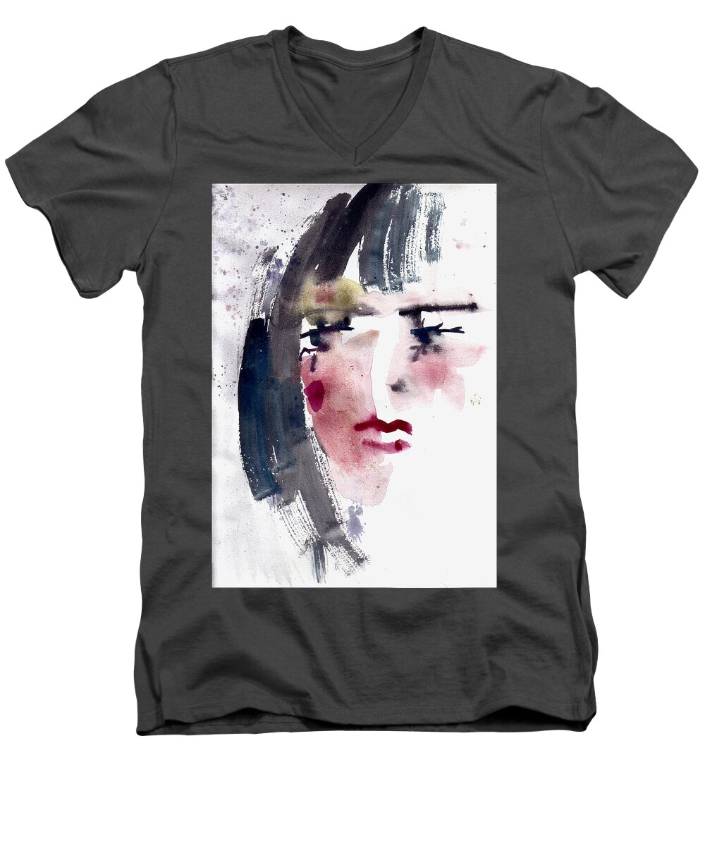 Woman Men's V-Neck T-Shirt featuring the painting Gloomy Woman by Faruk Koksal