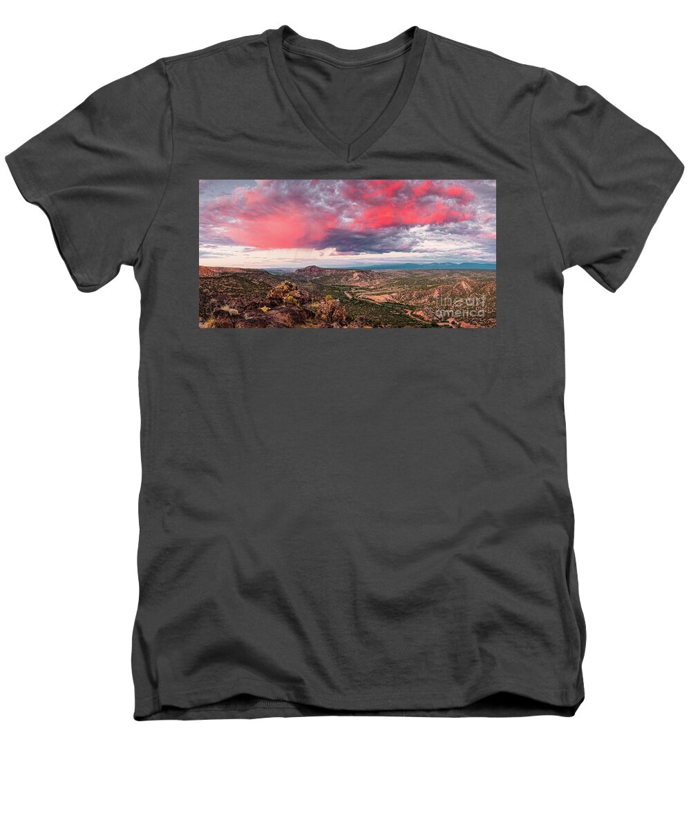 New Men's V-Neck T-Shirt featuring the photograph Glorious View of Rio Grande, Sangre de Cristo and Black Mesa from White Rock Overlook - New Mexico by Silvio Ligutti