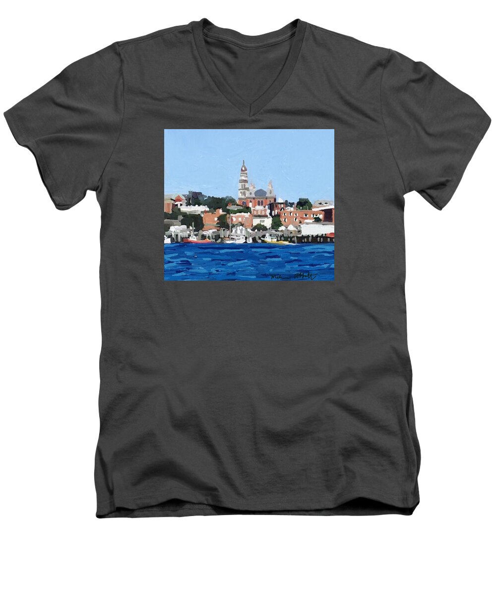 Gloucester Men's V-Neck T-Shirt featuring the painting Gloucester City Hall from Inner Harbor by Melissa Abbott