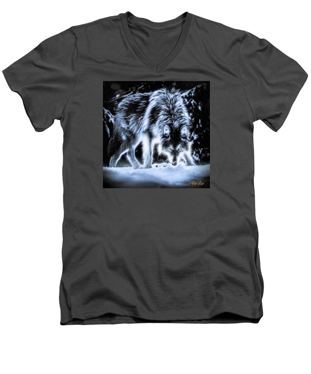 Animals Men's V-Neck T-Shirt featuring the photograph Glowing Wolf in the Gloom by Rikk Flohr