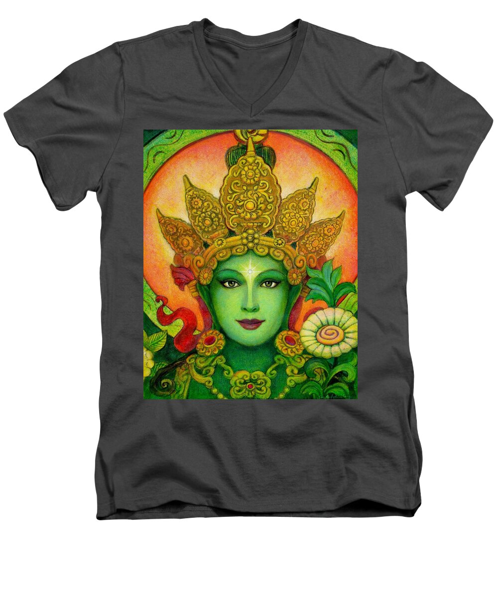 Goddess Men's V-Neck T-Shirt featuring the painting Goddess Green Tara's Face by Sue Halstenberg