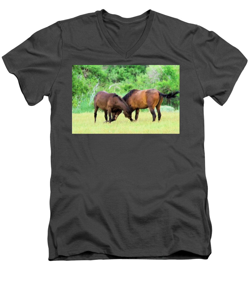Horse Men's V-Neck T-Shirt featuring the photograph Going for a leg by Jeff Swan