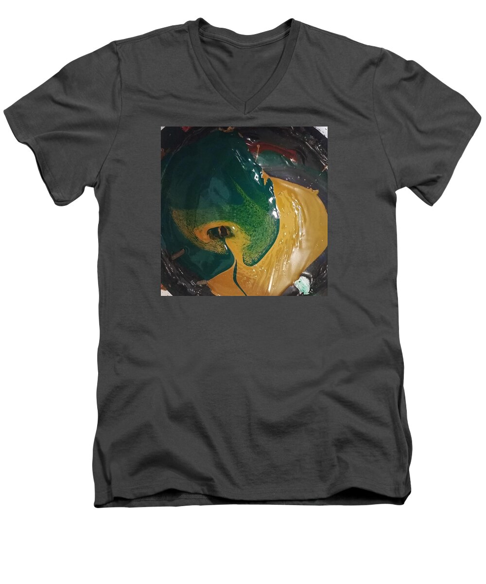 Abstract Men's V-Neck T-Shirt featuring the painting Gojira basking by the docks in Delhi by Gyula Julian Lovas