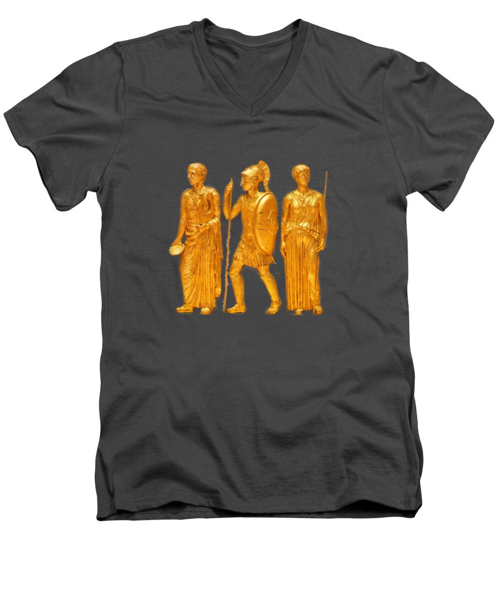 Greek Men's V-Neck T-Shirt featuring the photograph Gold Covered Greek Figures by Linda Phelps