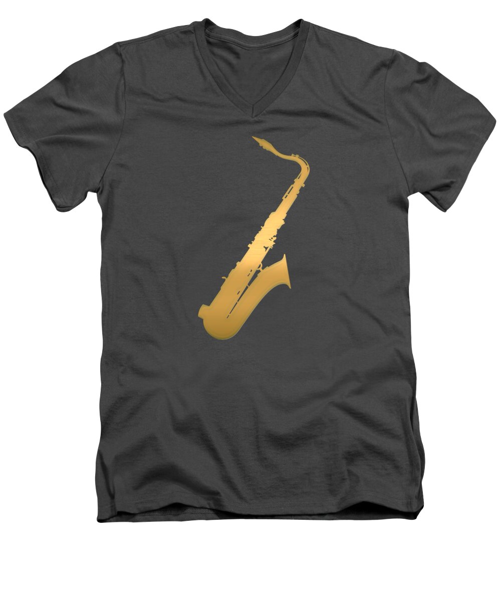 'tools Of The Trade' Collection By Serge Averbukh Men's V-Neck T-Shirt featuring the digital art Gold Embossed Saxophone on Red Background by Serge Averbukh