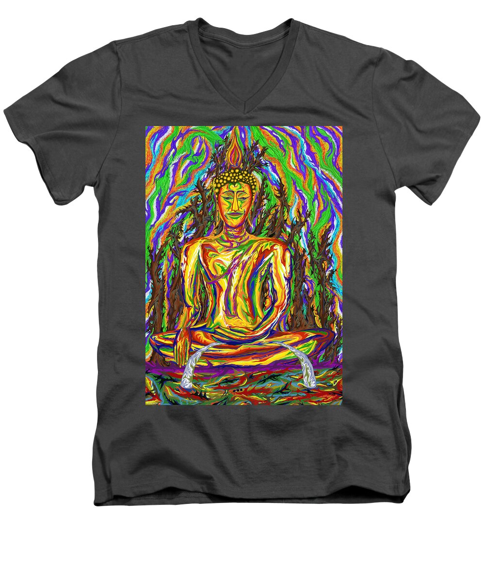Buddha Men's V-Neck T-Shirt featuring the painting Golden Buddha by Robert SORENSEN