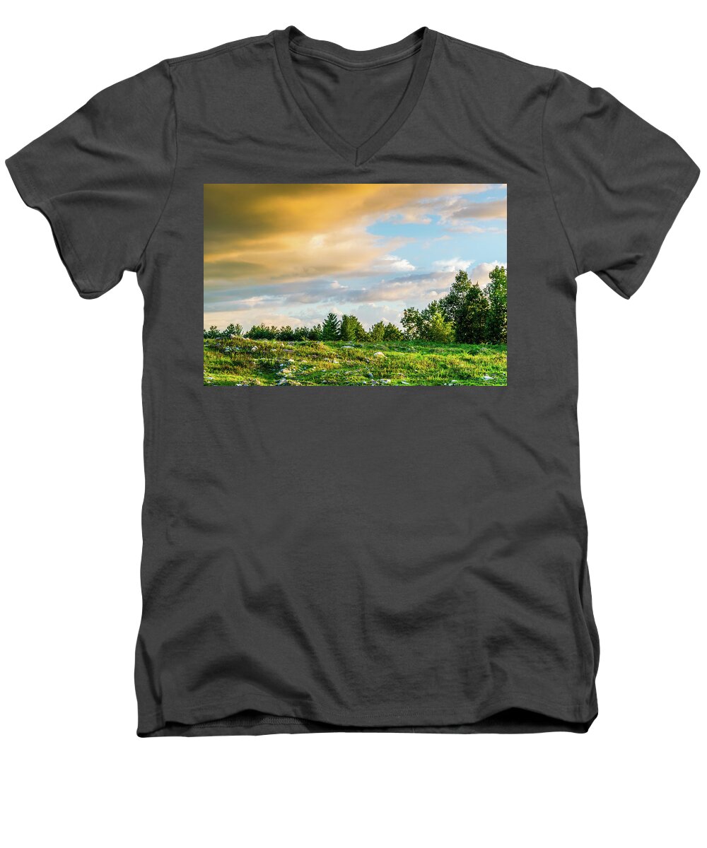 Eastern Ky Men's V-Neck T-Shirt featuring the photograph Golden Clouds by Lester Plank