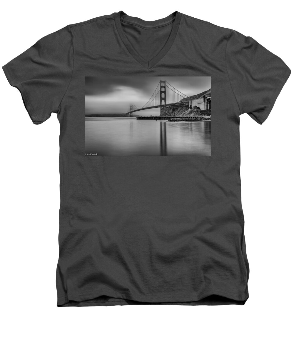 Golden Gate Bridge Men's V-Neck T-Shirt featuring the photograph Golden Gate Black and White by Mike Ronnebeck