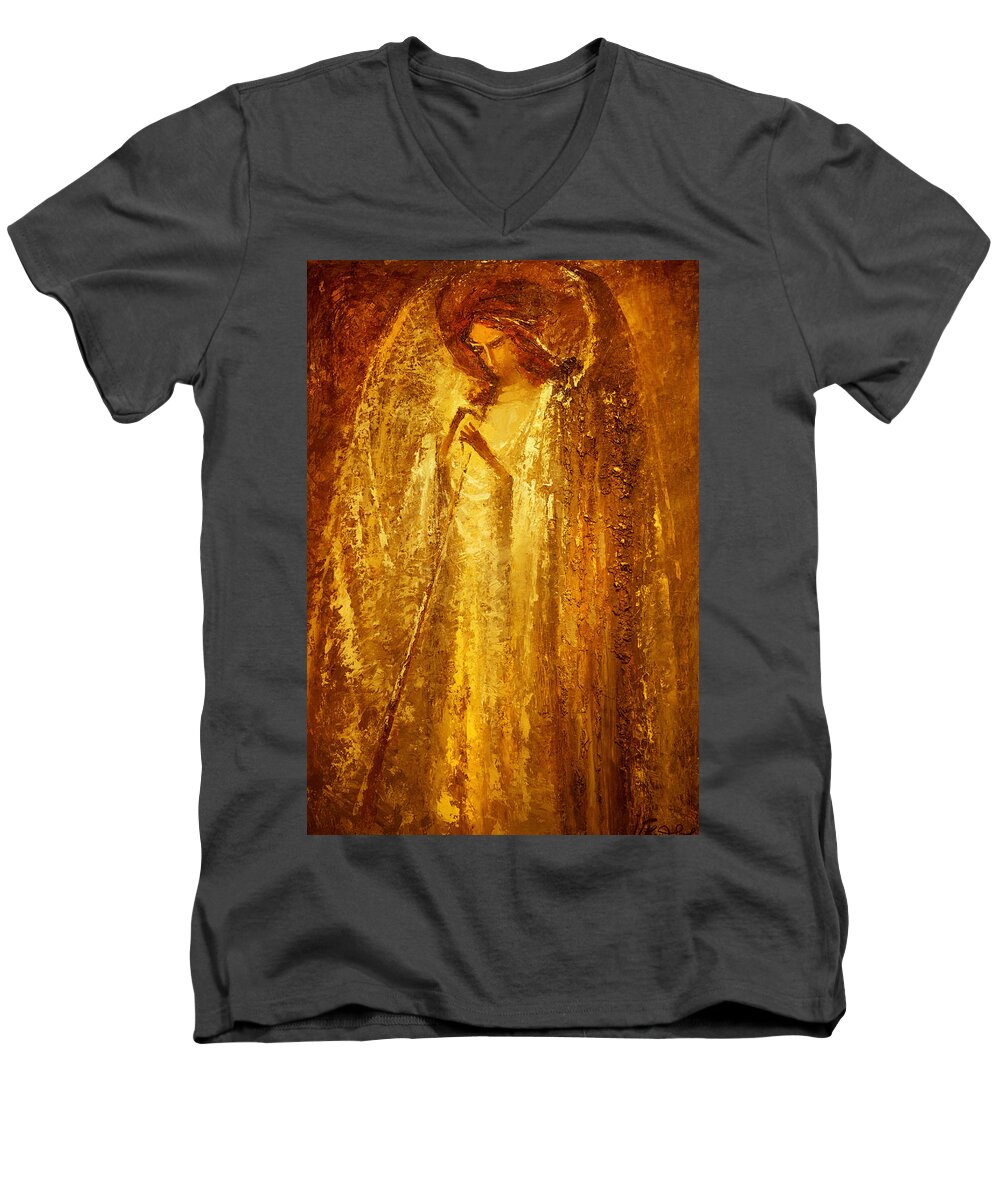 Angel Men's V-Neck T-Shirt featuring the painting Golden Light of Angel by Valentina Kondrashova