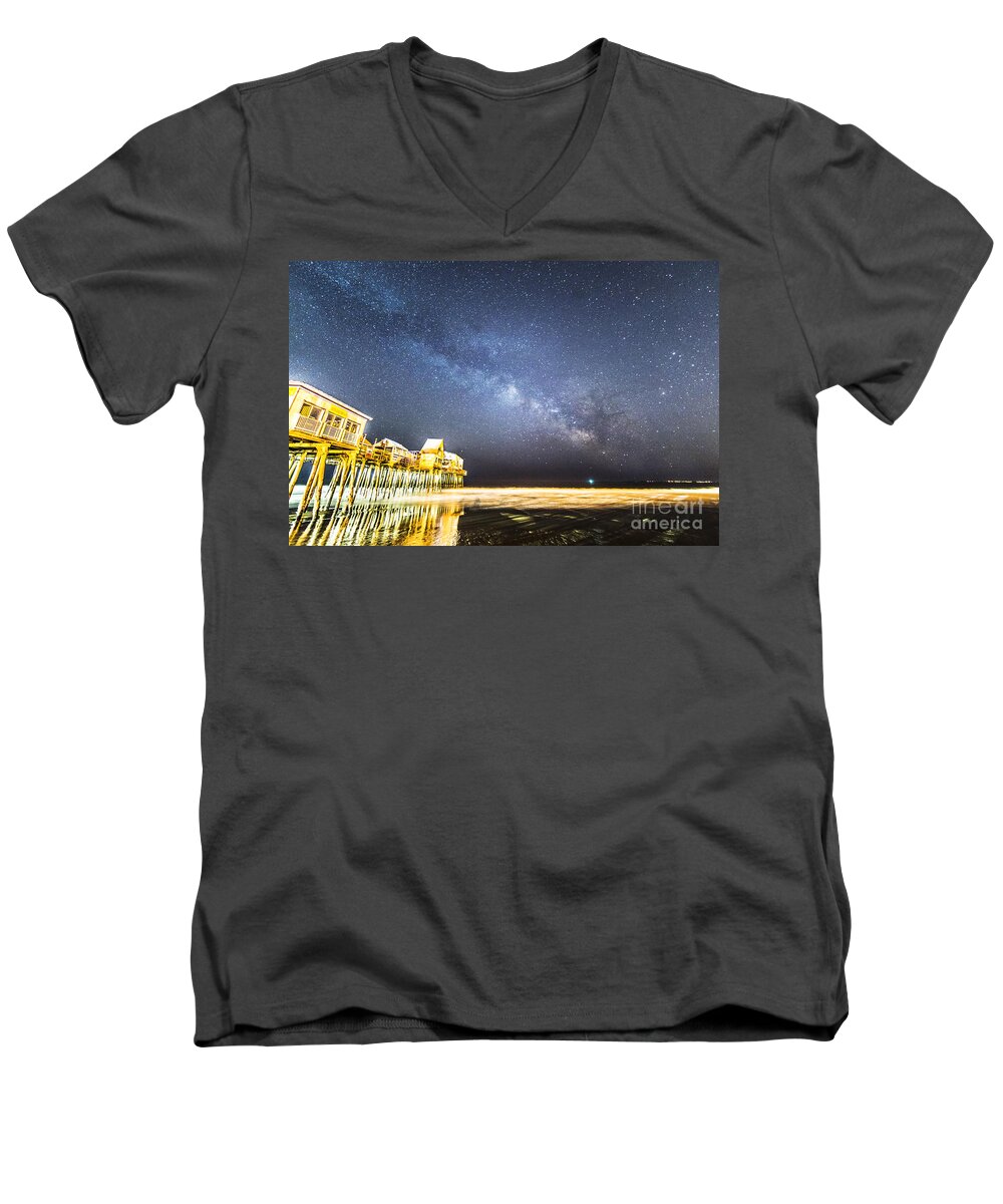 Old Orchard Beach Pier Men's V-Neck T-Shirt featuring the photograph Golden Pier Under the Milky Way version 1.0 by Patrick Fennell