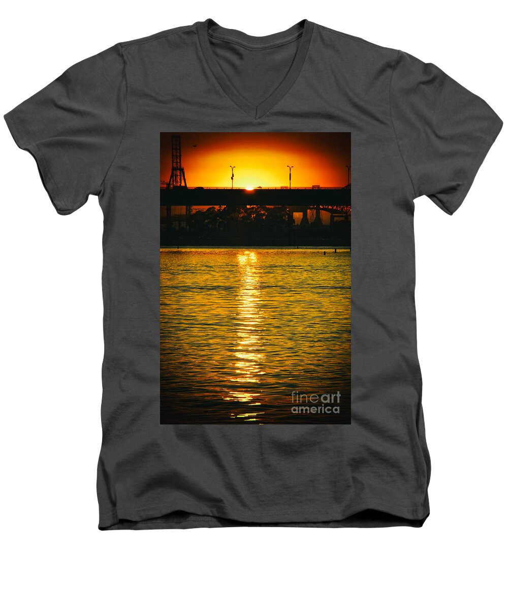 Golden Sunset Behind Bridge Men's V-Neck T-Shirt featuring the photograph Golden Sunset behind Bridge by Mariola Bitner