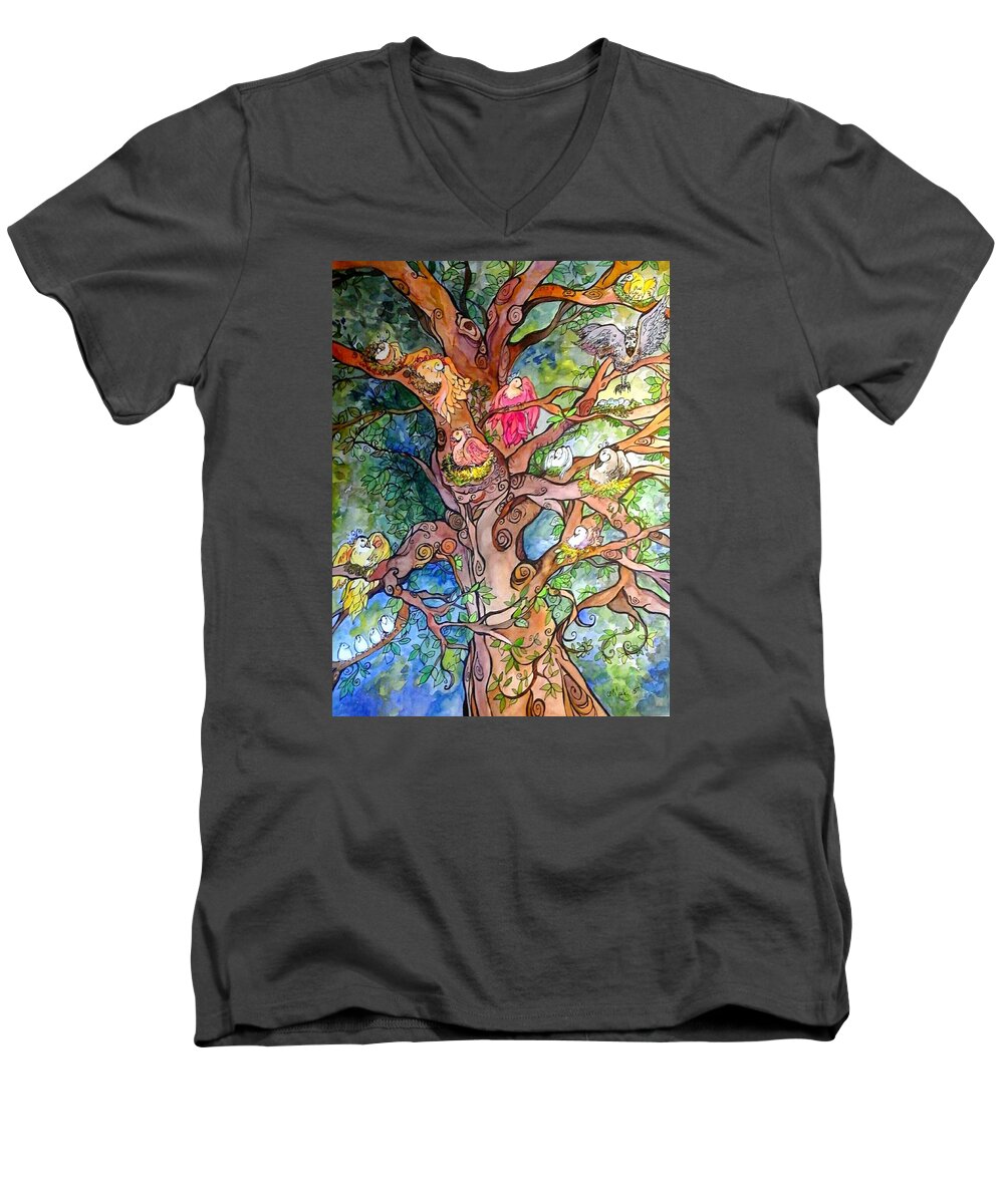 Birds Men's V-Neck T-Shirt featuring the mixed media Good neighbors by Claudia Cole Meek