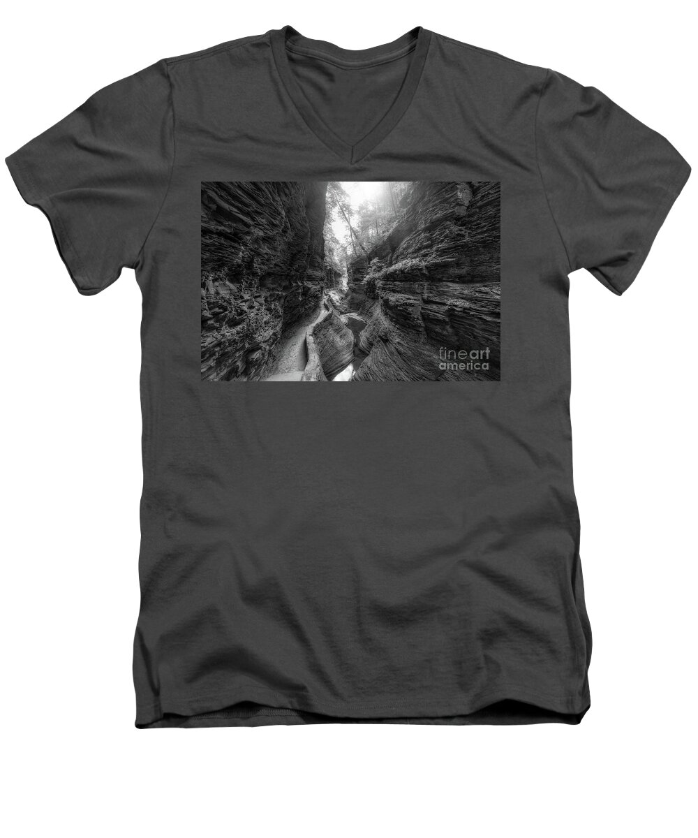 Watkins Glen State Park Men's V-Neck T-Shirt featuring the photograph Gorge Trail at Watkins Glen BW by Michael Ver Sprill
