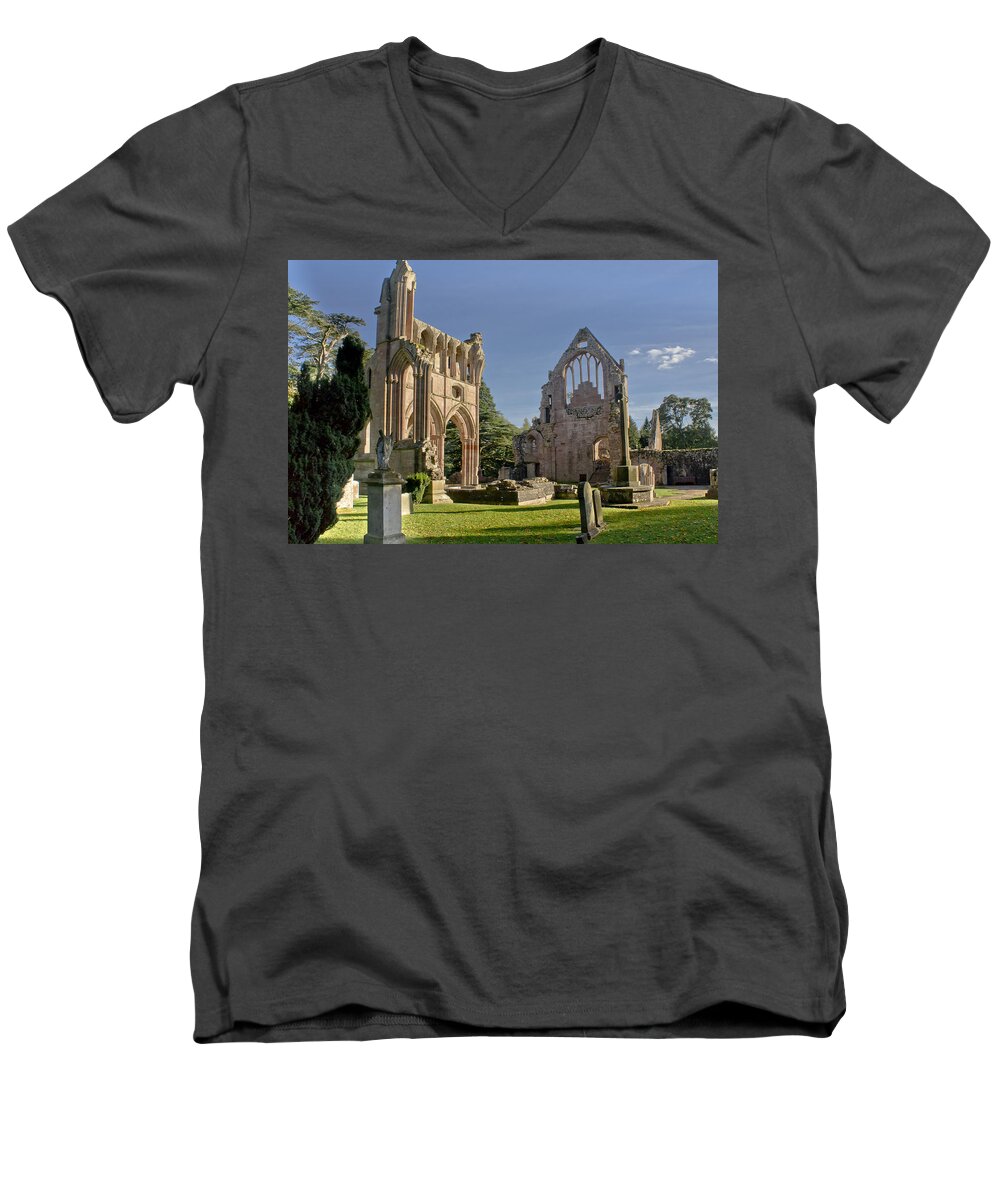 Dryburgh Men's V-Neck T-Shirt featuring the photograph Graceful Ruins. Dryburgh Abbey. by Elena Perelman