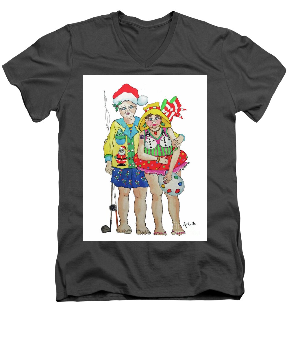 Christmas Men's V-Neck T-Shirt featuring the painting Gram - Cracker and PaPa by Rosemary Aubut