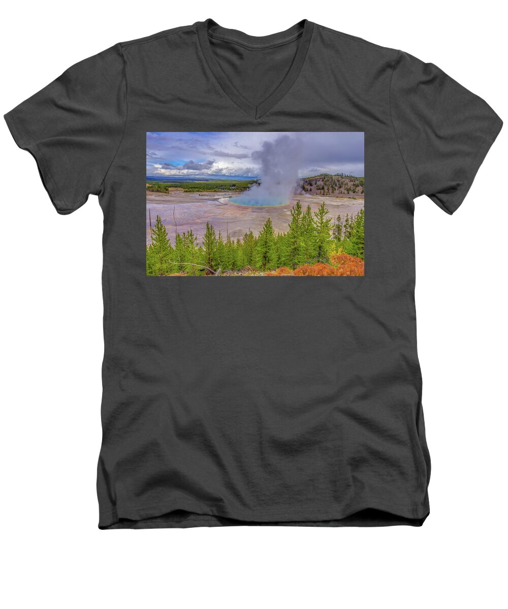 Adventure Men's V-Neck T-Shirt featuring the photograph Grand Prismatic Spring Overlook Yellowstone by Scott McGuire
