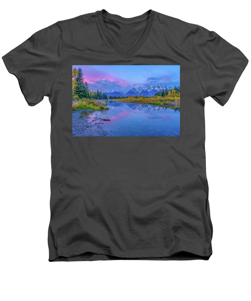 Adventure Men's V-Neck T-Shirt featuring the photograph Grand Teton Sunrise by Scott McGuire
