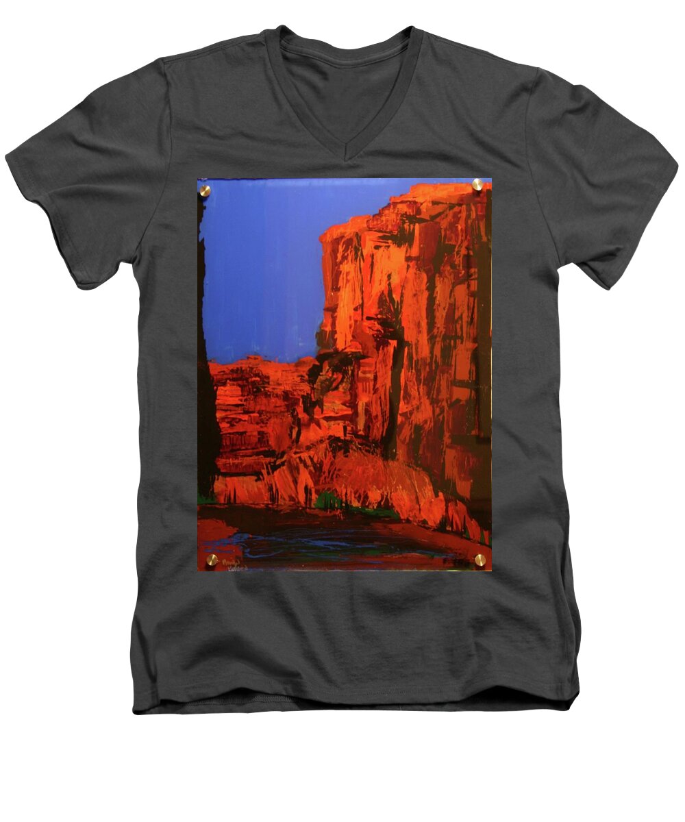 Red Rocks Men's V-Neck T-Shirt featuring the painting Grandstaff Shadows by Marilyn Quigley