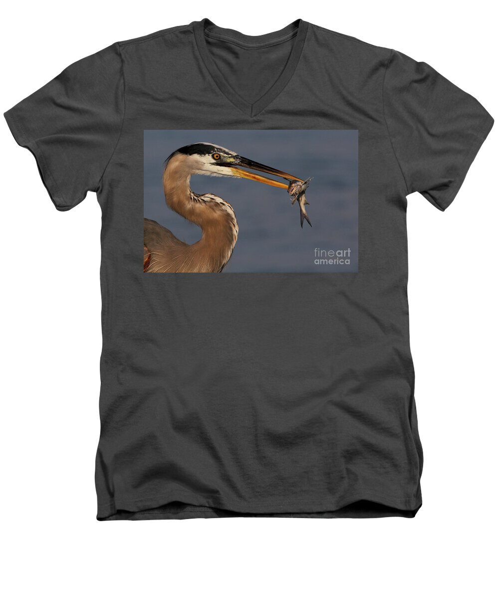 Great Blue Heron Men's V-Neck T-Shirt featuring the photograph Great Blue Heron w/Catfish by Meg Rousher