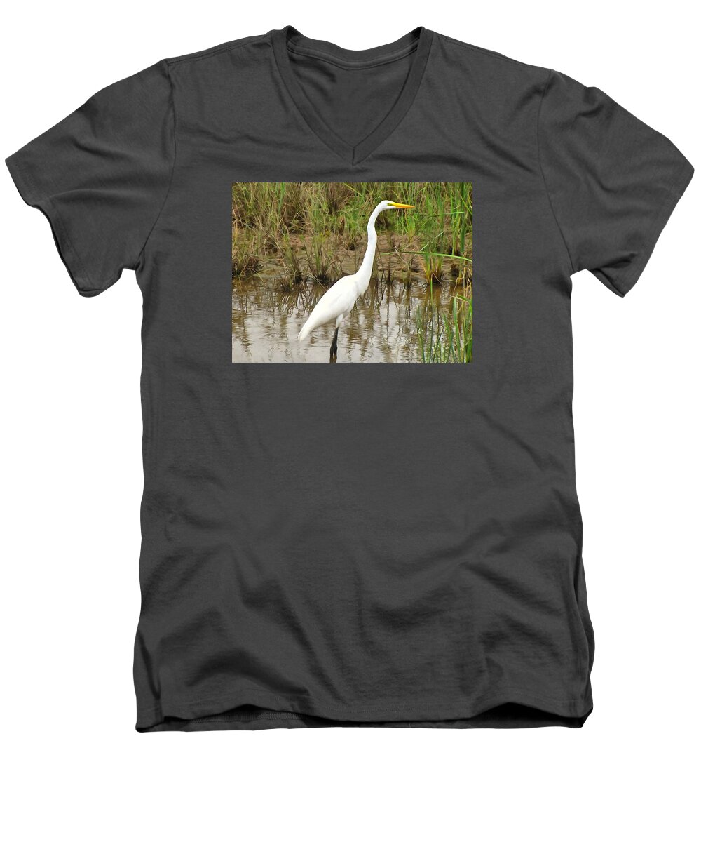 Great Men's V-Neck T-Shirt featuring the painting Great Egret by Maciek Froncisz