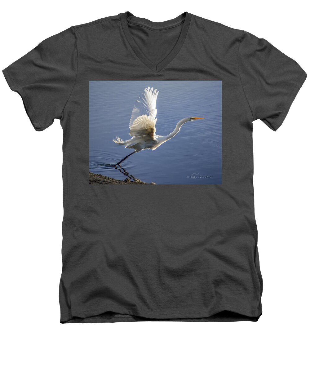 Nature Men's V-Neck T-Shirt featuring the photograph Great Egret Taking Flight by Brian Tada