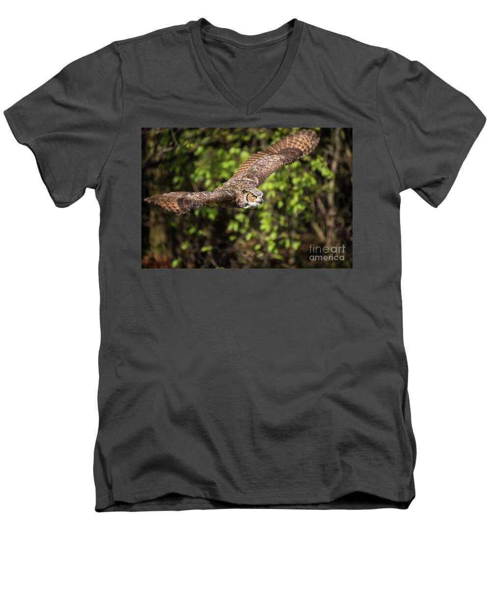 Great Horned Owl Men's V-Neck T-Shirt featuring the photograph Great Horned Owl-2419 by Steve Somerville