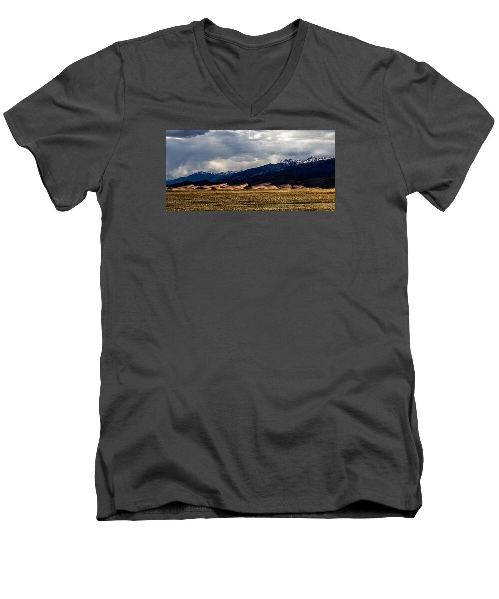 Sand Men's V-Neck T-Shirt featuring the photograph Great Sand Dunes Panorama by Jason Roberts