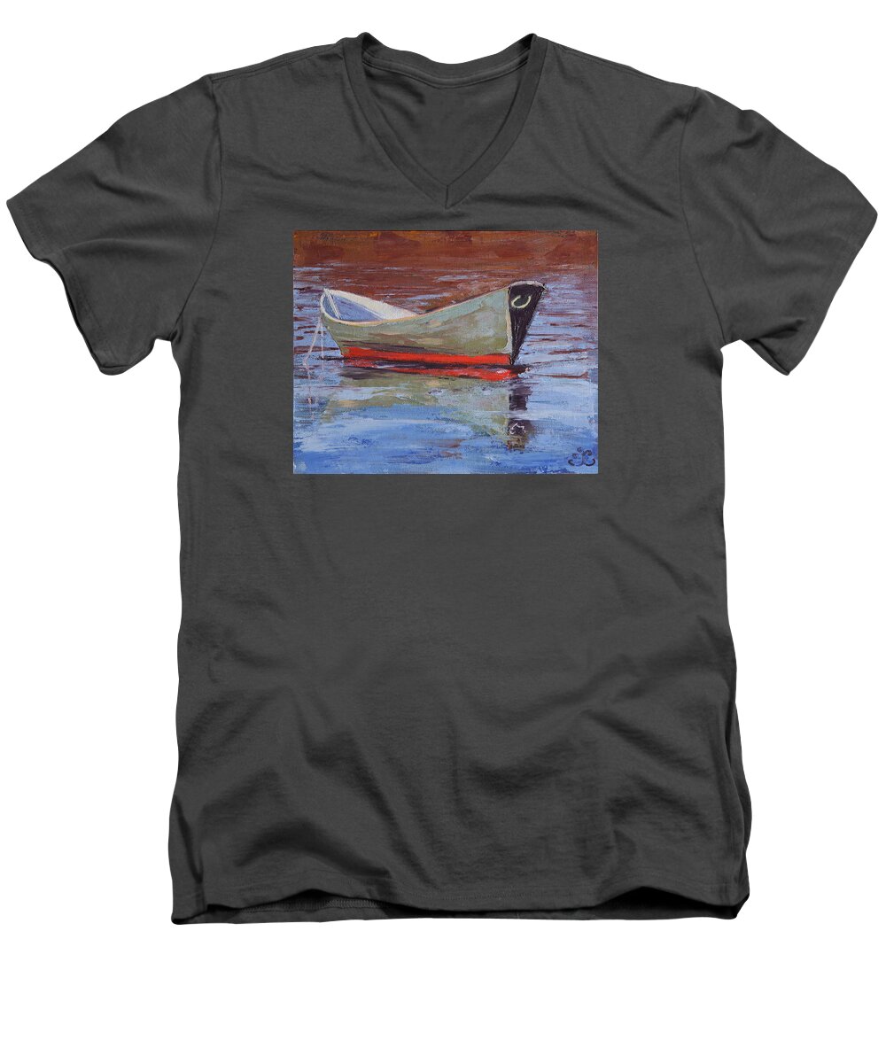 Dory Men's V-Neck T-Shirt featuring the painting Green Dory by Trina Teele