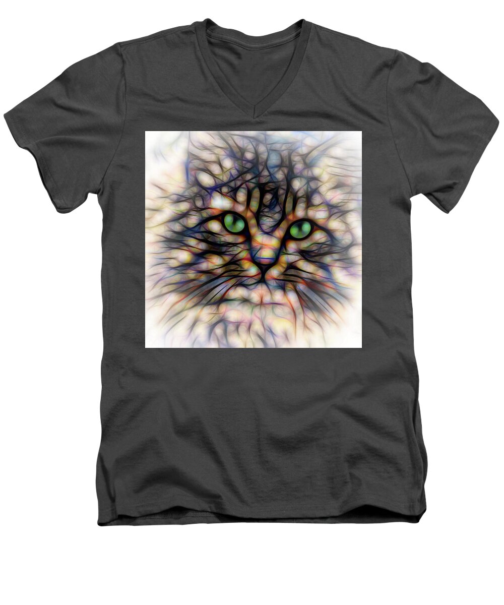 Terry D Photography Men's V-Neck T-Shirt featuring the digital art Green Eye Kitty Square by Terry DeLuco