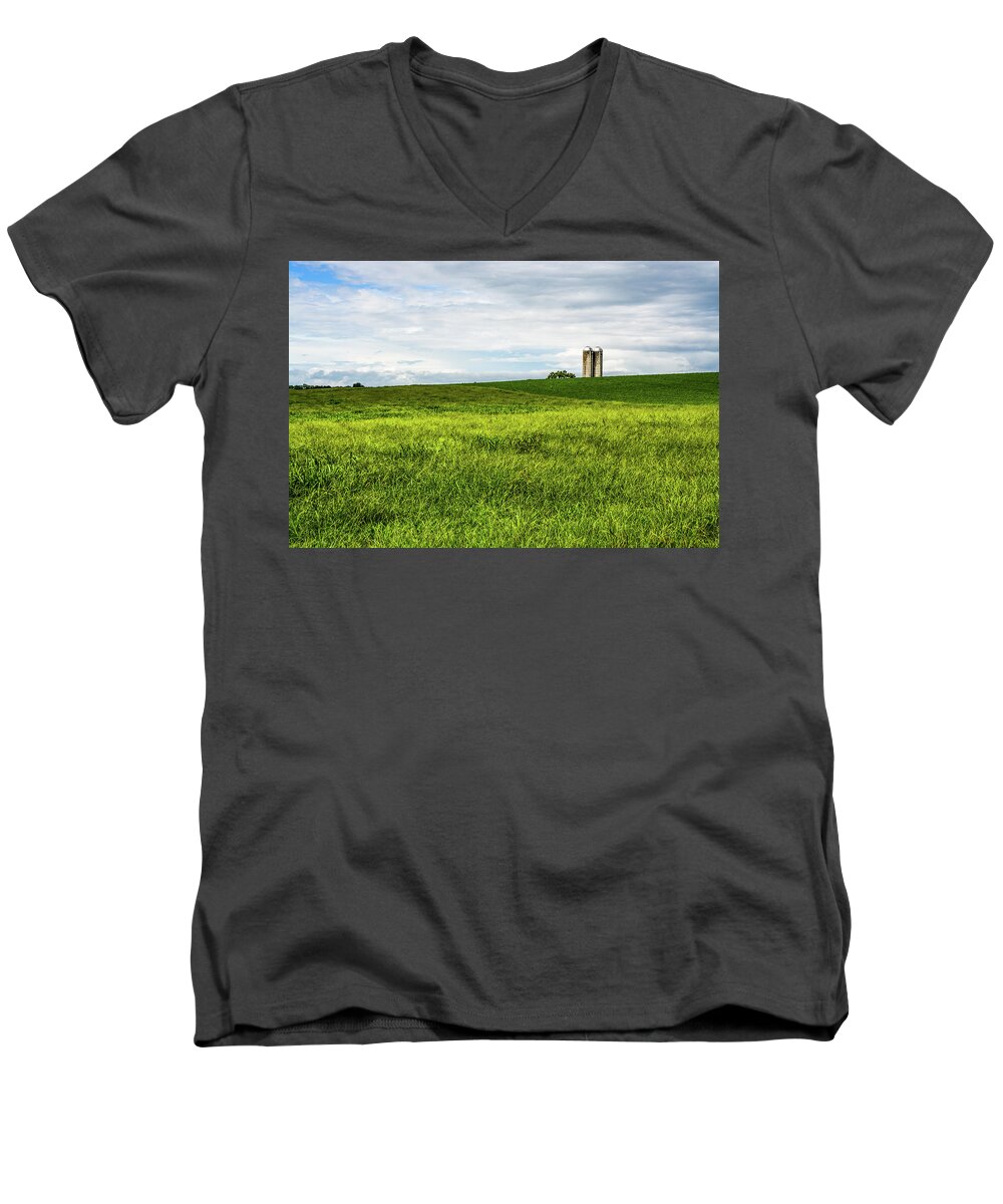 Amish Country Men's V-Neck T-Shirt featuring the photograph Green Field and Silos by Tana Reiff
