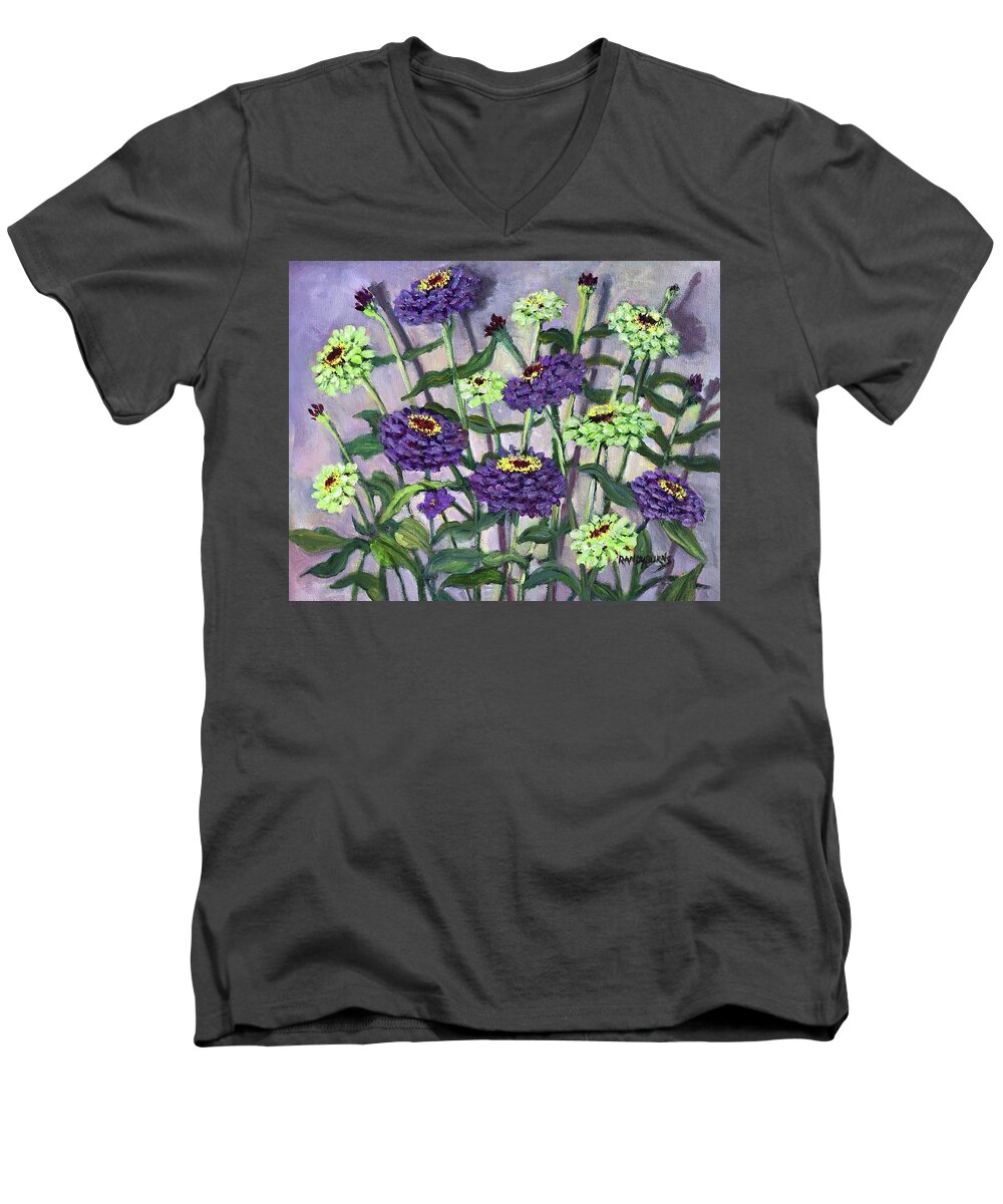 Zinnias Men's V-Neck T-Shirt featuring the painting Green, Gold and Violet by Rand Burns