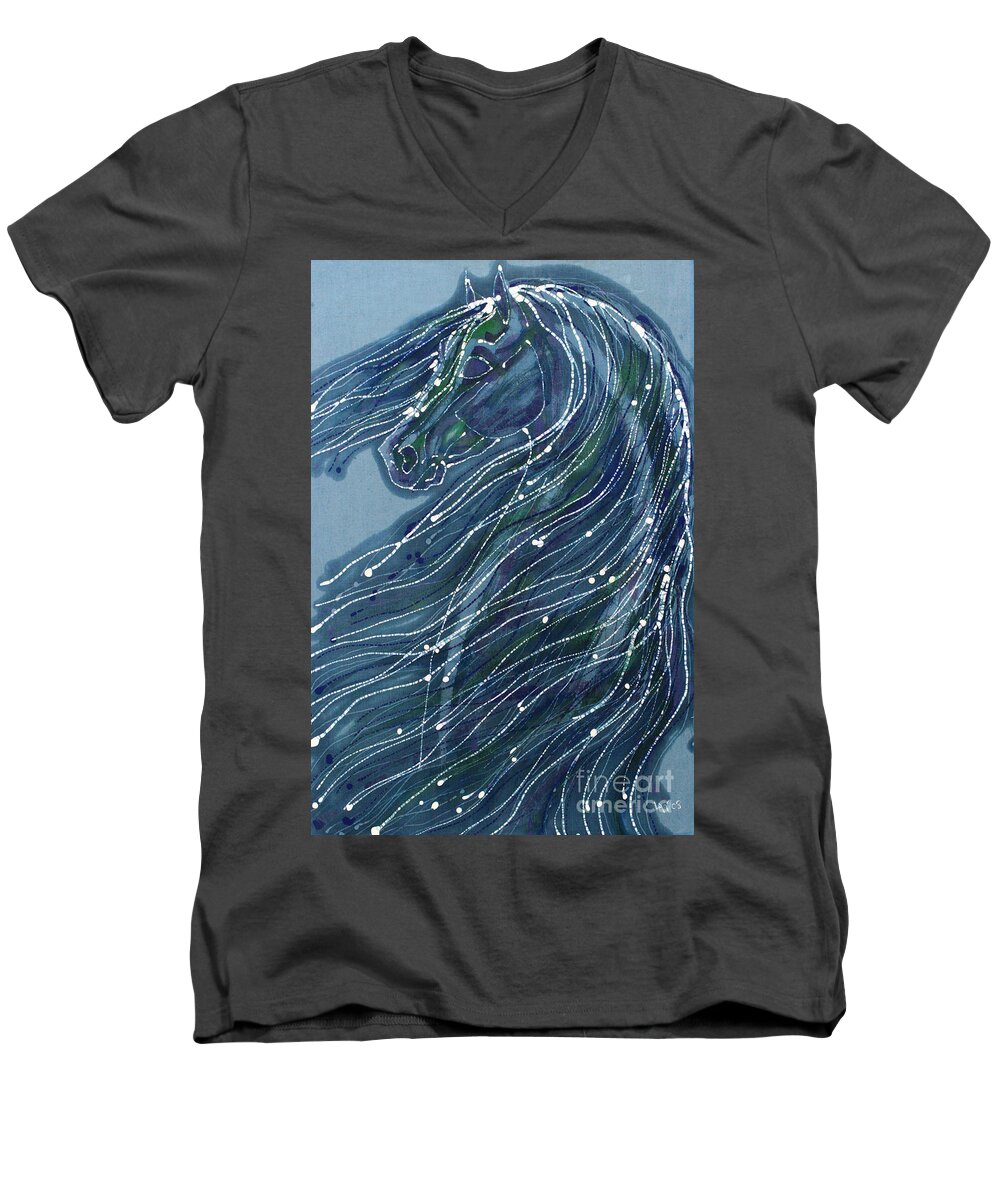 Horse Men's V-Neck T-Shirt featuring the tapestry - textile Green Horse with Flying Mane by Carol Law Conklin