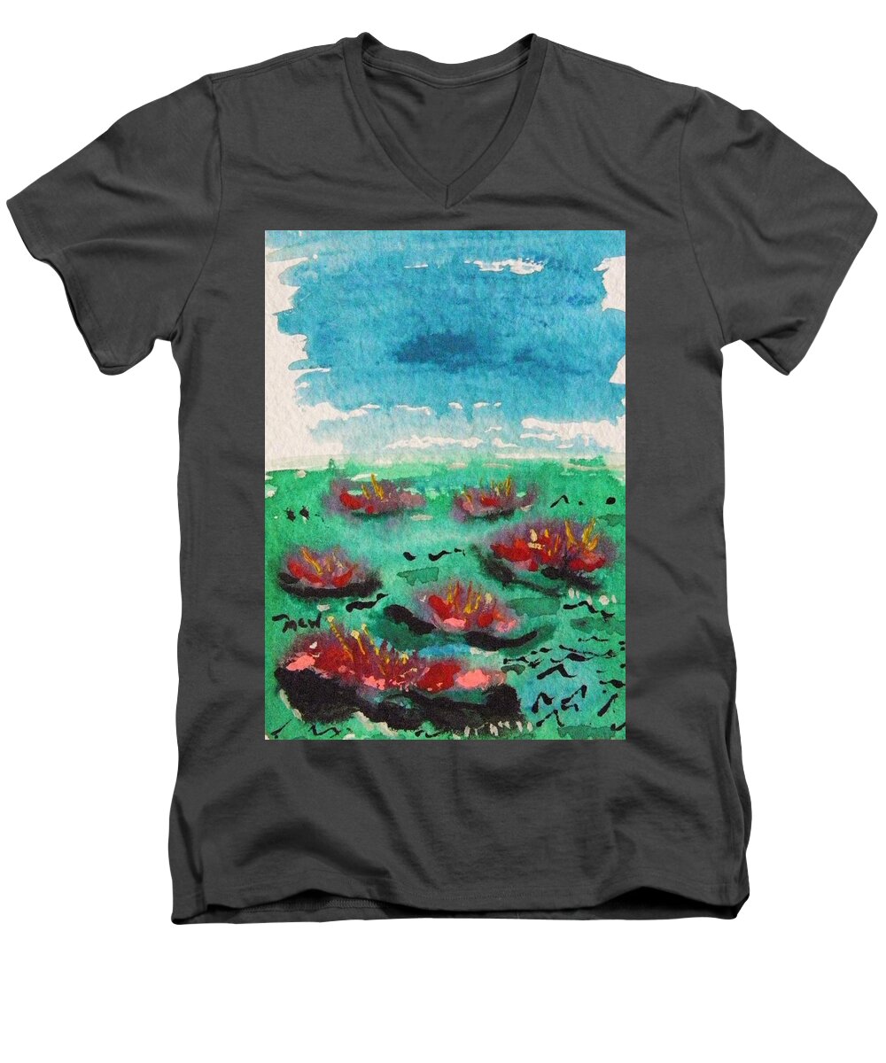 Green Pond With Many Flowers Men's V-Neck T-Shirt featuring the painting Green Pond with Many Flowers by Mary Carol Williams