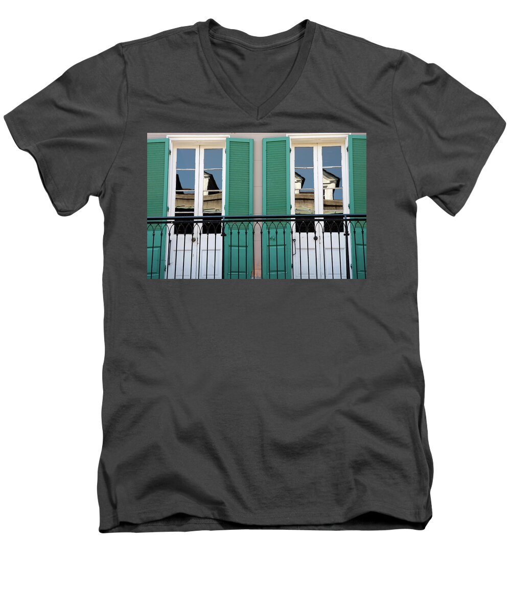 New Orleans Men's V-Neck T-Shirt featuring the photograph Green Shutters Reflections by KG Thienemann
