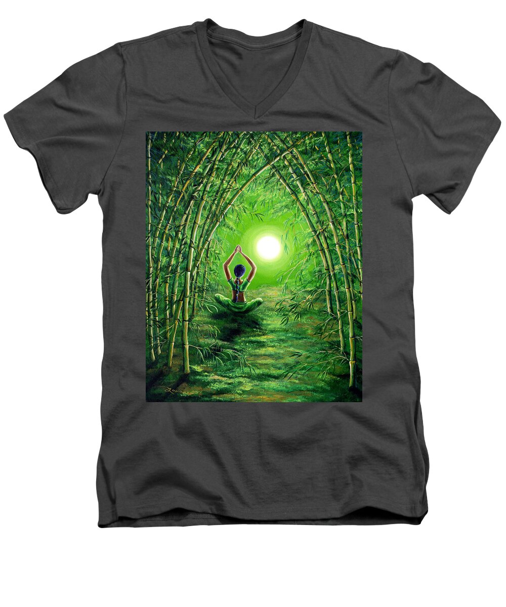 Hinduism Men's V-Neck T-Shirt featuring the painting Green Tara in the Hall of Bamboo by Laura Iverson