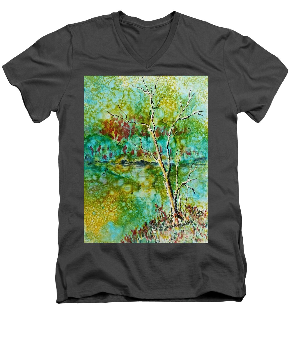 Watercolor Men's V-Neck T-Shirt featuring the painting Greens of Late Summer by Carolyn Rosenberger