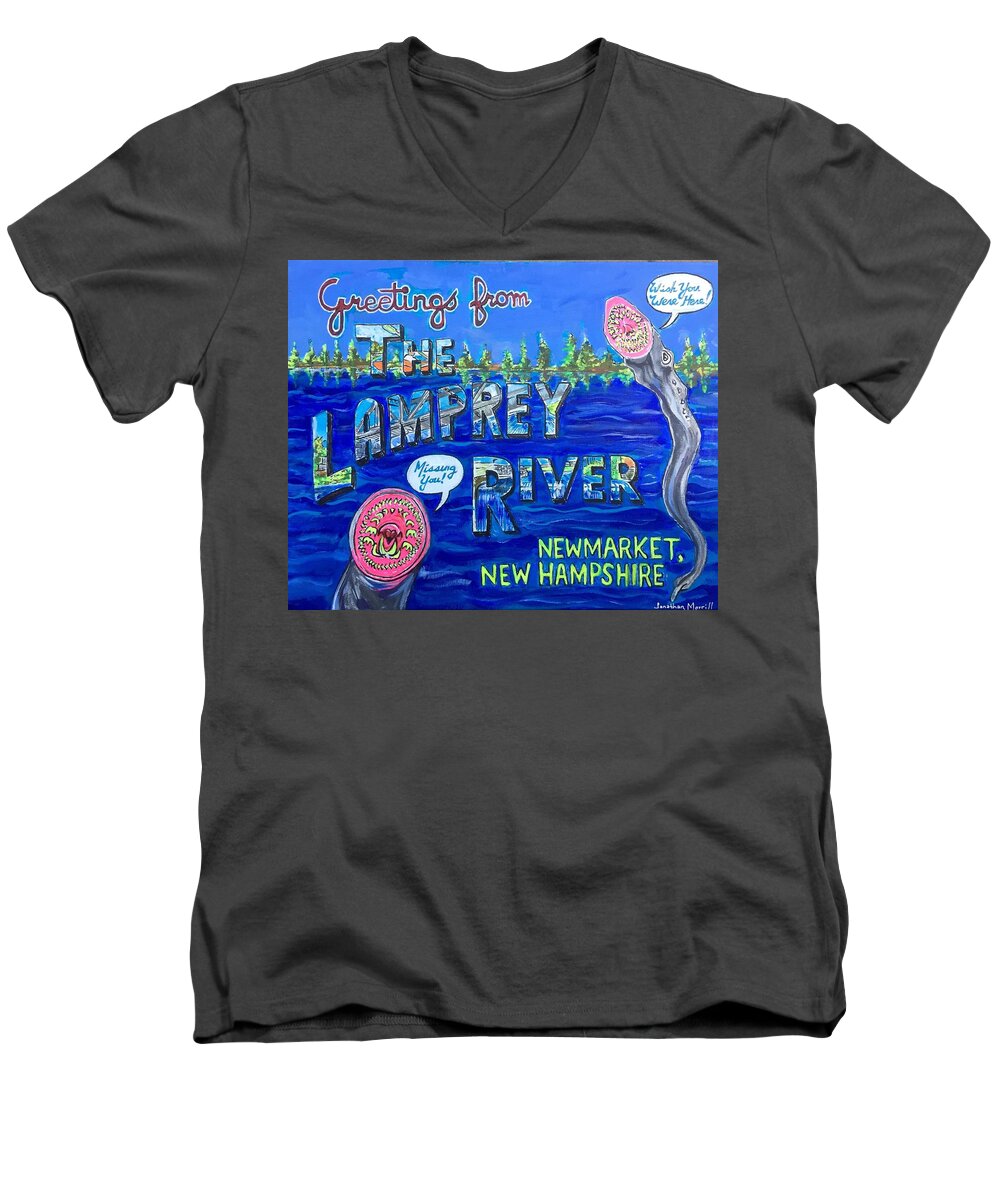 Newmarket New Hampshire Lamprey River Eeels Ashbury Park Live Free Or Die Classic Post Card Men's V-Neck T-Shirt featuring the painting Greetings From The Lamprey River by Jonathan Morrill