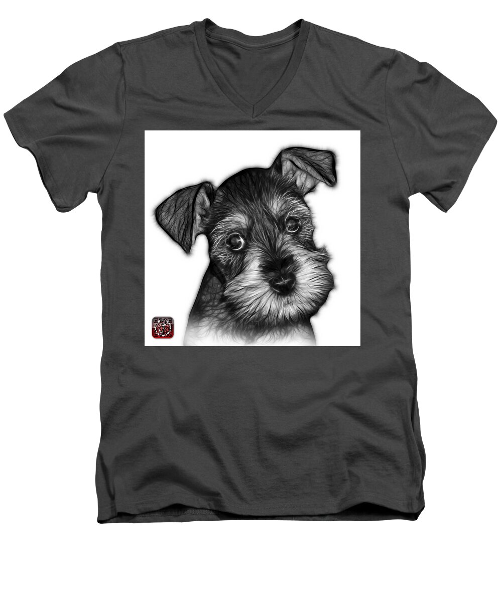 Greyscale Men's V-Neck T-Shirt featuring the digital art Greyscale Salt and Pepper Schnauzer Puppy 7206 FS by James Ahn