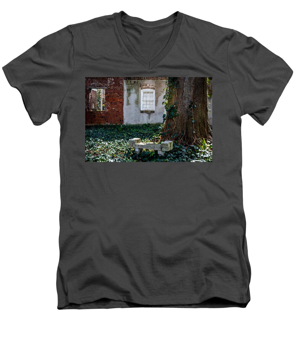 Cemetery Men's V-Neck T-Shirt featuring the photograph Grieving Bench at St. Philip's Cemetery by Susie Weaver