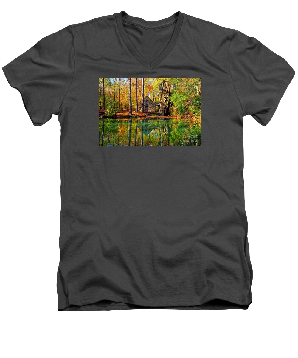 Fall Men's V-Neck T-Shirt featuring the photograph Grist Mill by Geraldine DeBoer