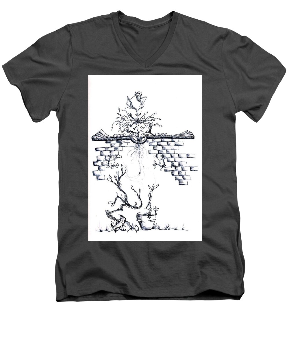 Books Men's V-Neck T-Shirt featuring the drawing Growing Nowhere by Doug Johnson