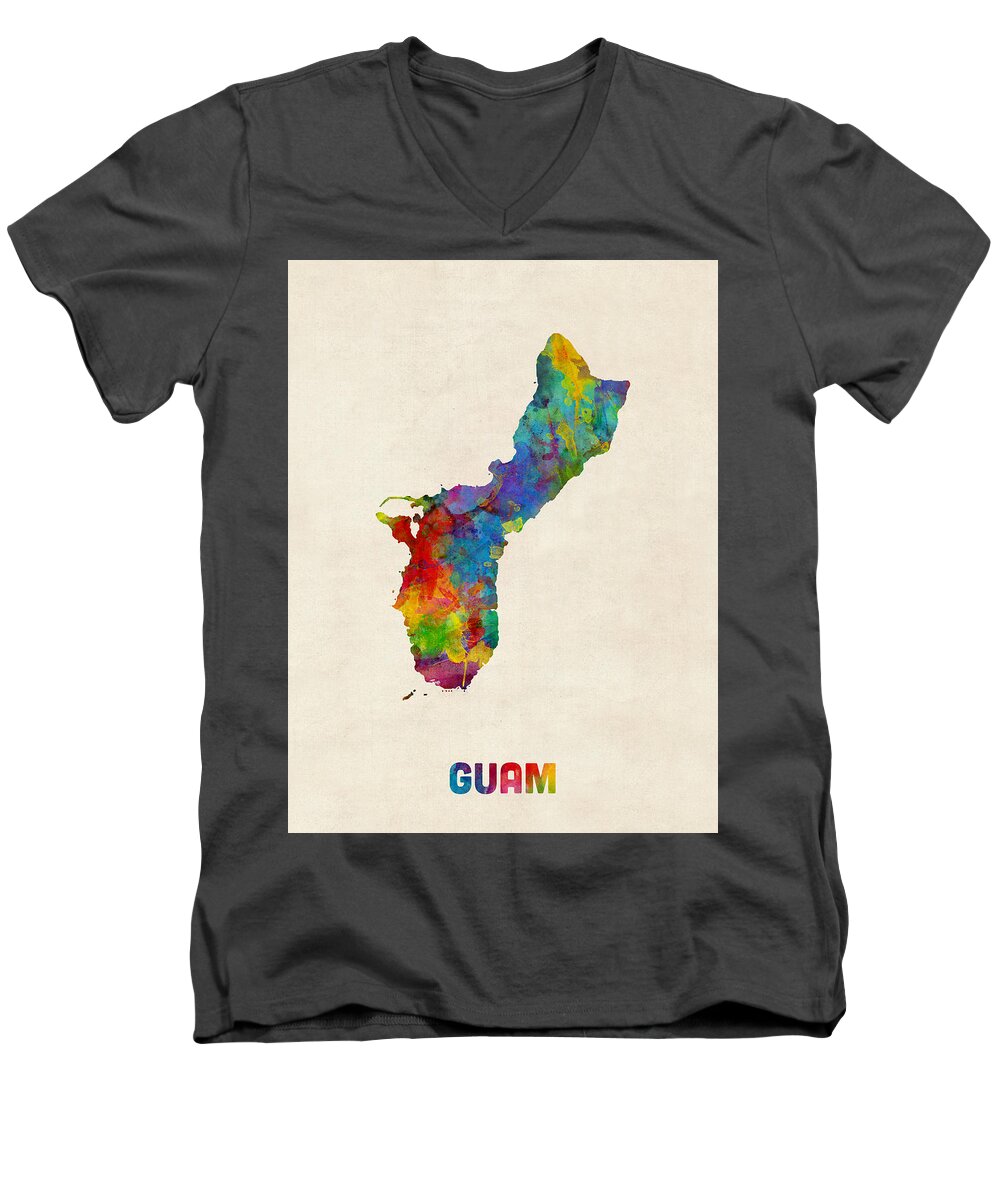 Map Art Men's V-Neck T-Shirt featuring the digital art Guam Watercolor Map by Michael Tompsett