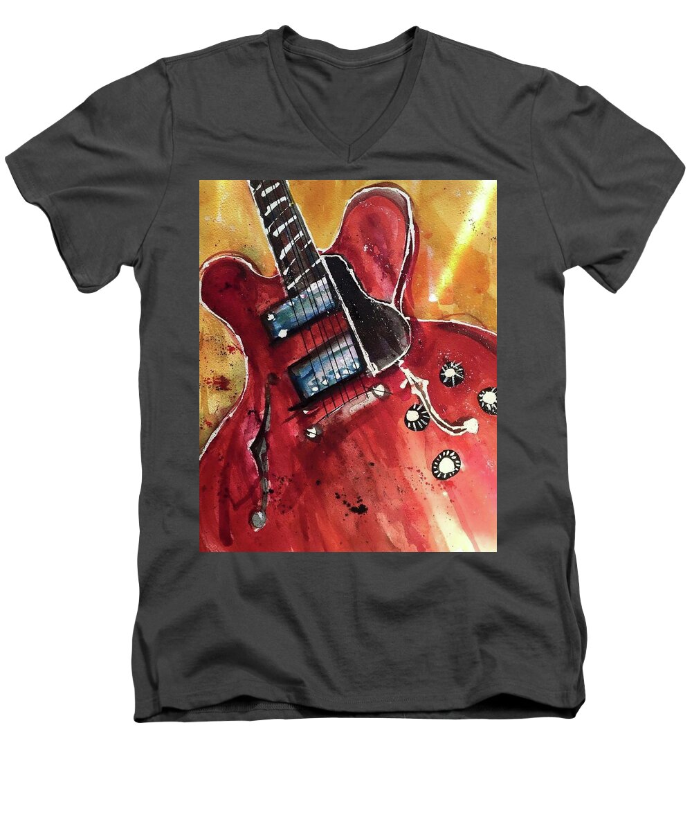 Guitar Men's V-Neck T-Shirt featuring the painting Gibson 335 by Bonny Butler