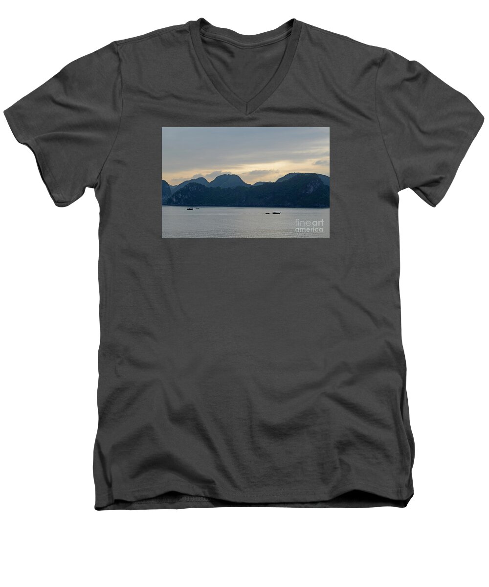 Magical Men's V-Neck T-Shirt featuring the photograph HaLong Bay Sunset by Tom Wurl