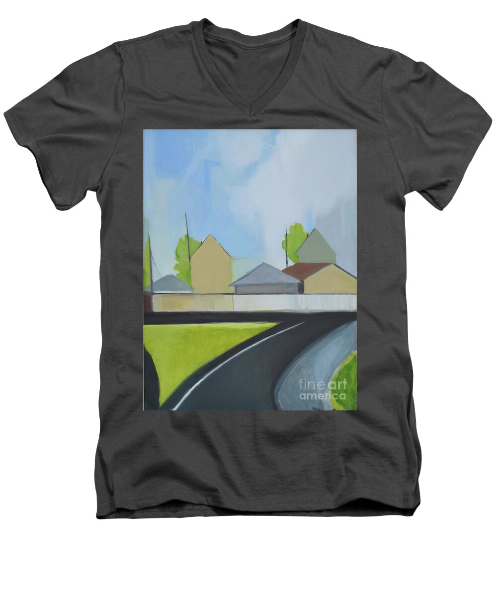 Suburban Landscape Men's V-Neck T-Shirt featuring the painting Hackensack Exit by Ron Erickson