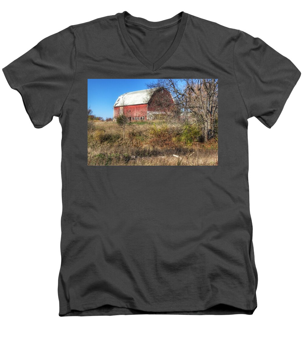 Barn Men's V-Neck T-Shirt featuring the photograph 0016 - Hadley Red I by Sheryl L Sutter
