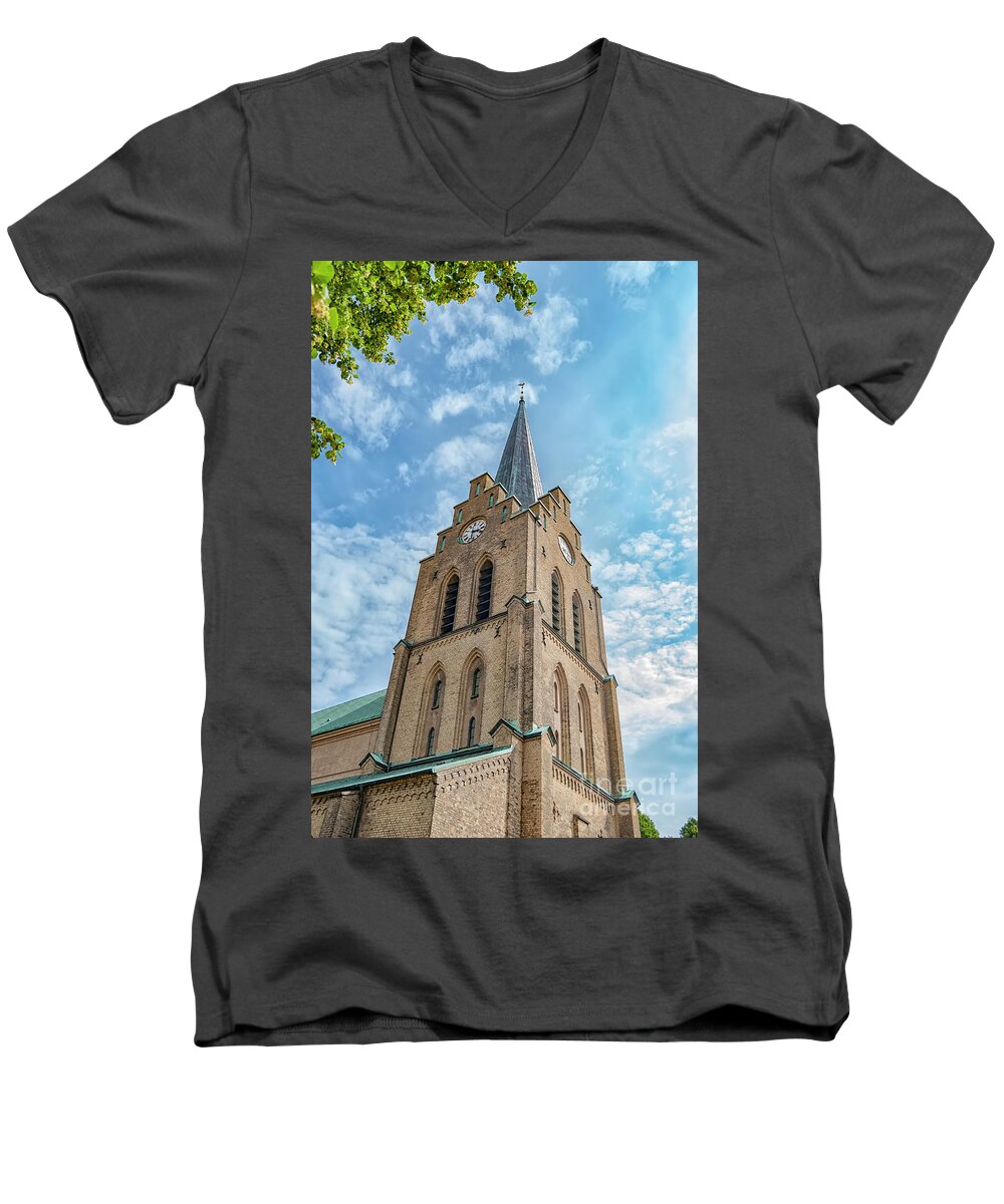 Halmstad Men's V-Neck T-Shirt featuring the photograph Halmstad Church in Sweden by Antony McAulay