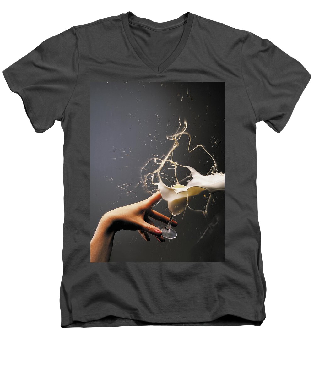 Glass Of Liqueur Men's V-Neck T-Shirt featuring the photograph Hand with the flying glass of liqueur by Evgeniy Lankin